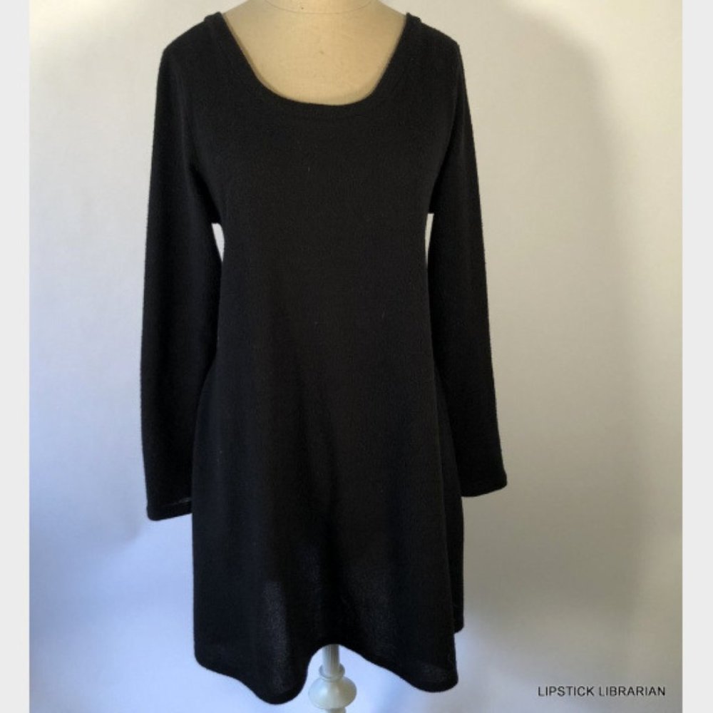 Route Long Sleeve Sweater Dress Womens SMALL Scoop Neck Black Short Flared Loose